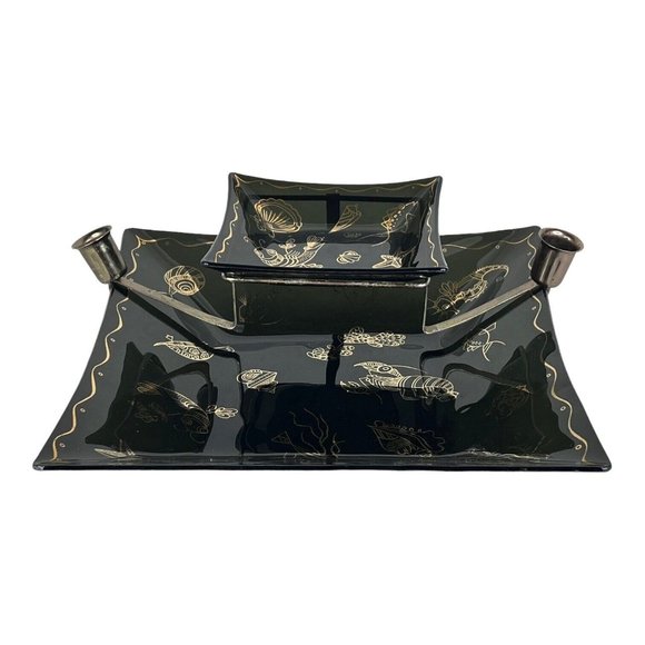 2 Tier Black Glass Tray Dish Gold Sea Creatures Candle Holder MCM Chip Dip VTG - Picture 2 of 10